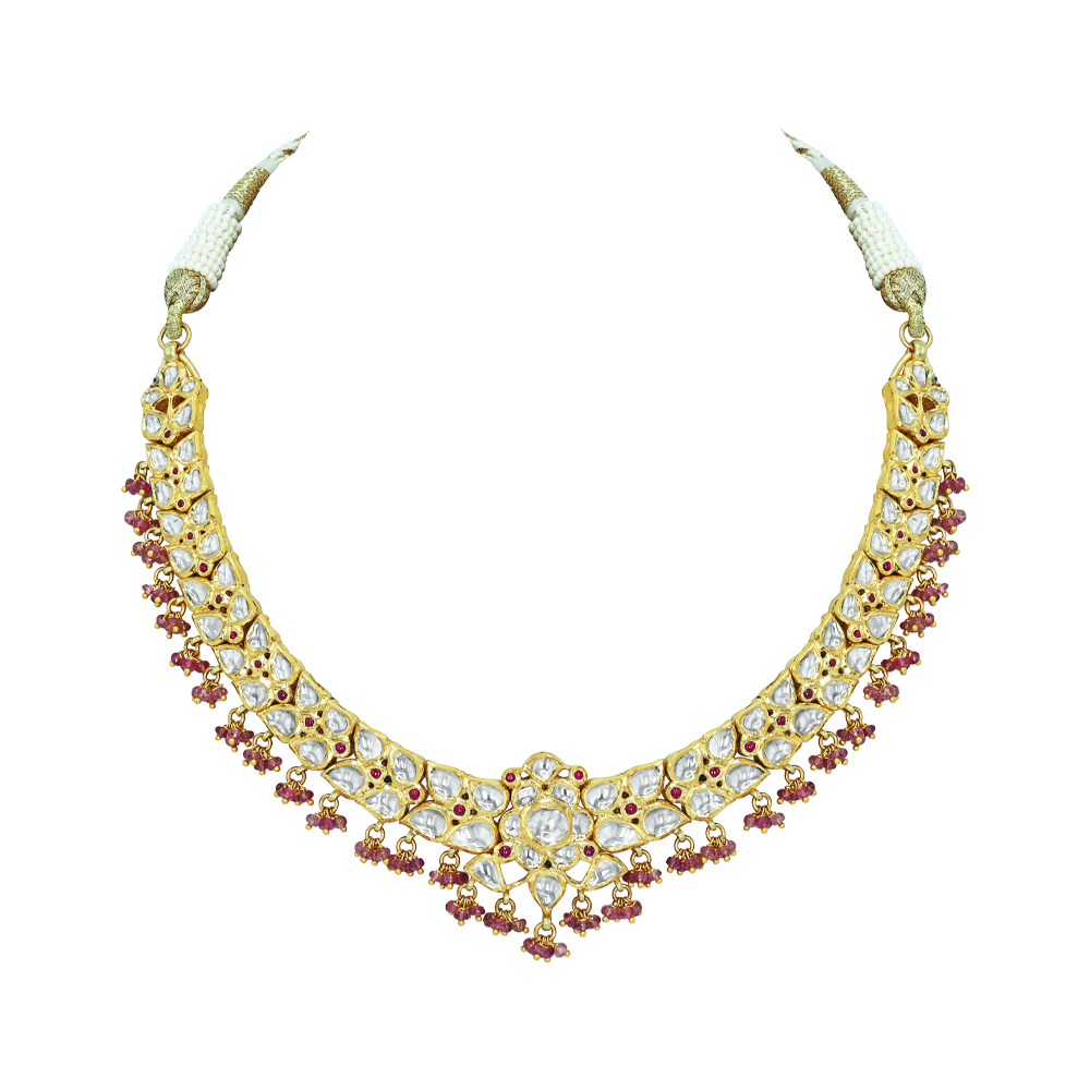 Floral Polki Necklace with Tourmaline Beads and Ruby Accents